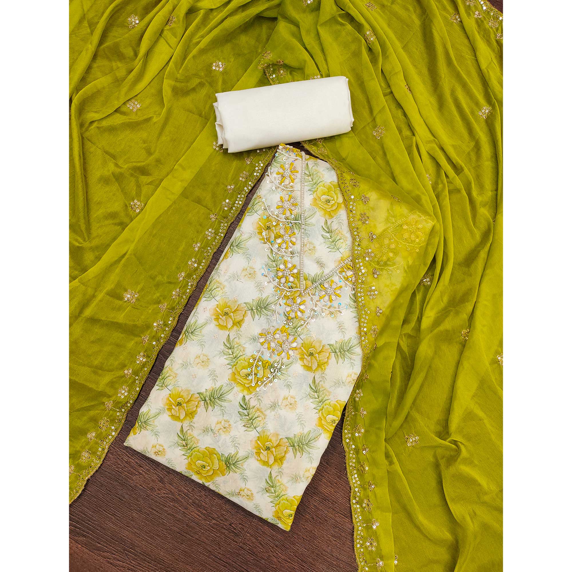 Green Floral Digital Printed With Handwork Chanderi Silk Dress Material