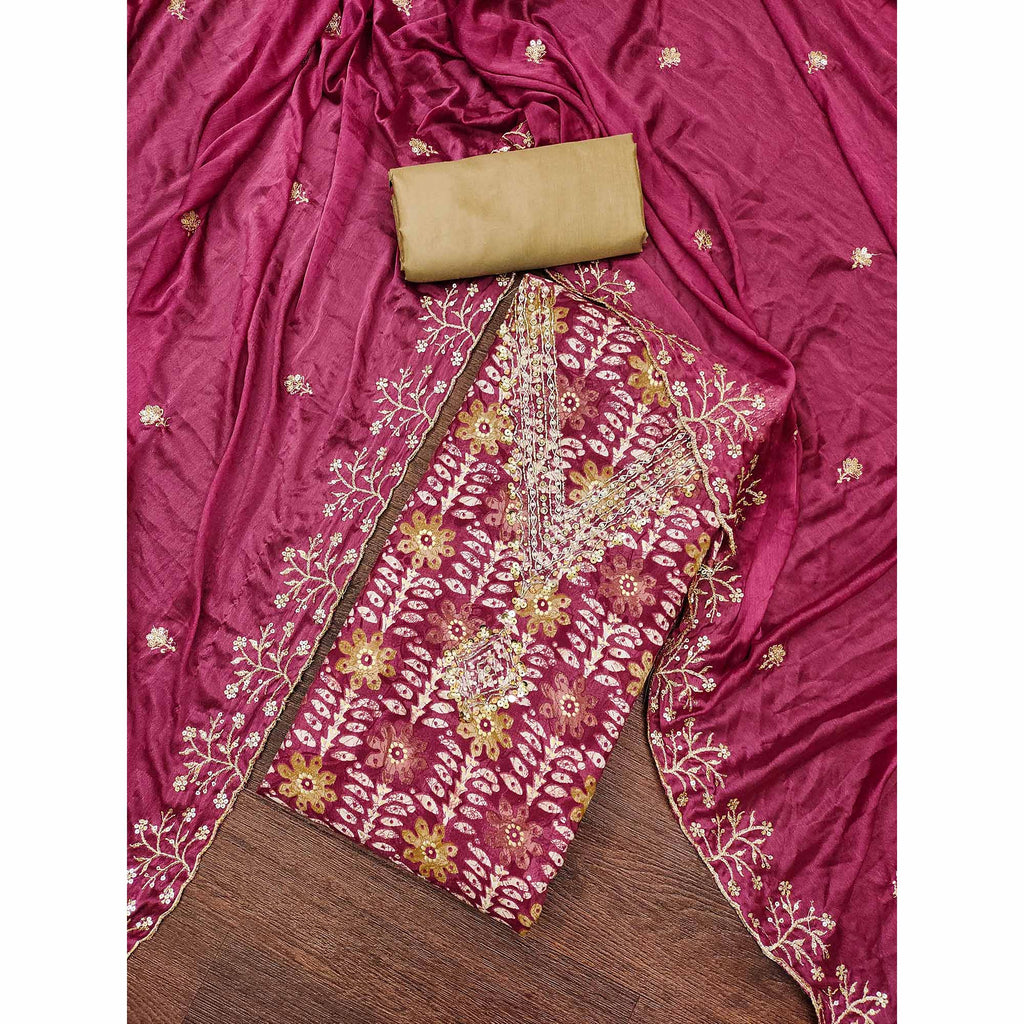 Dark Magenta Floral Printed With Handwork Pure Cotton Dress Material