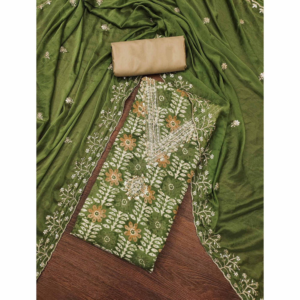 Green Floral Printed With Handwork Pure Cotton Dress Material