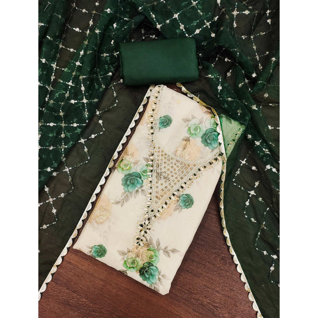 Green Floral Digital Printed With Handwork Viscose Banarasi Dress Material