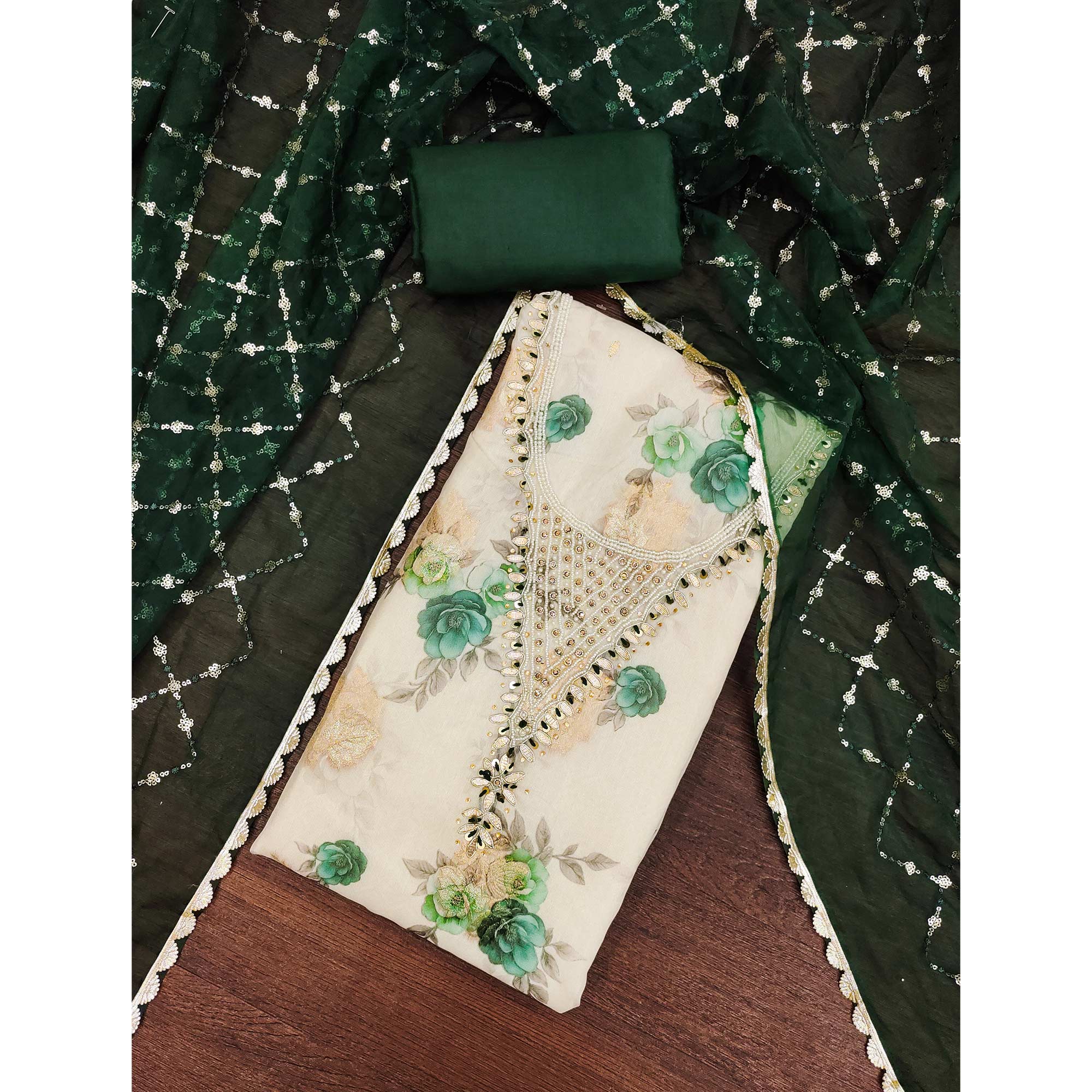 Green Floral Digital Printed With Handwork Viscose Banarasi Dress Material