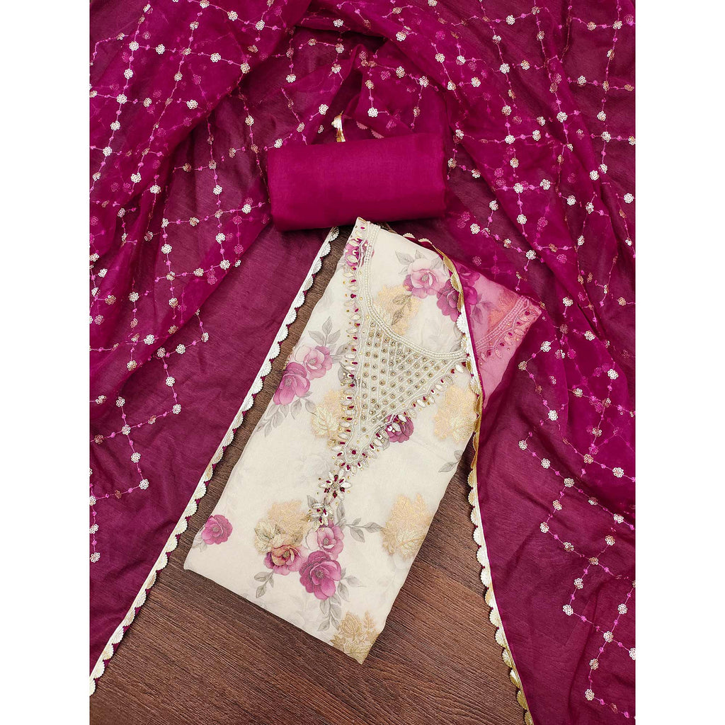 Pink Floral Digital Printed With Handwork Viscose Banarasi Dress Material