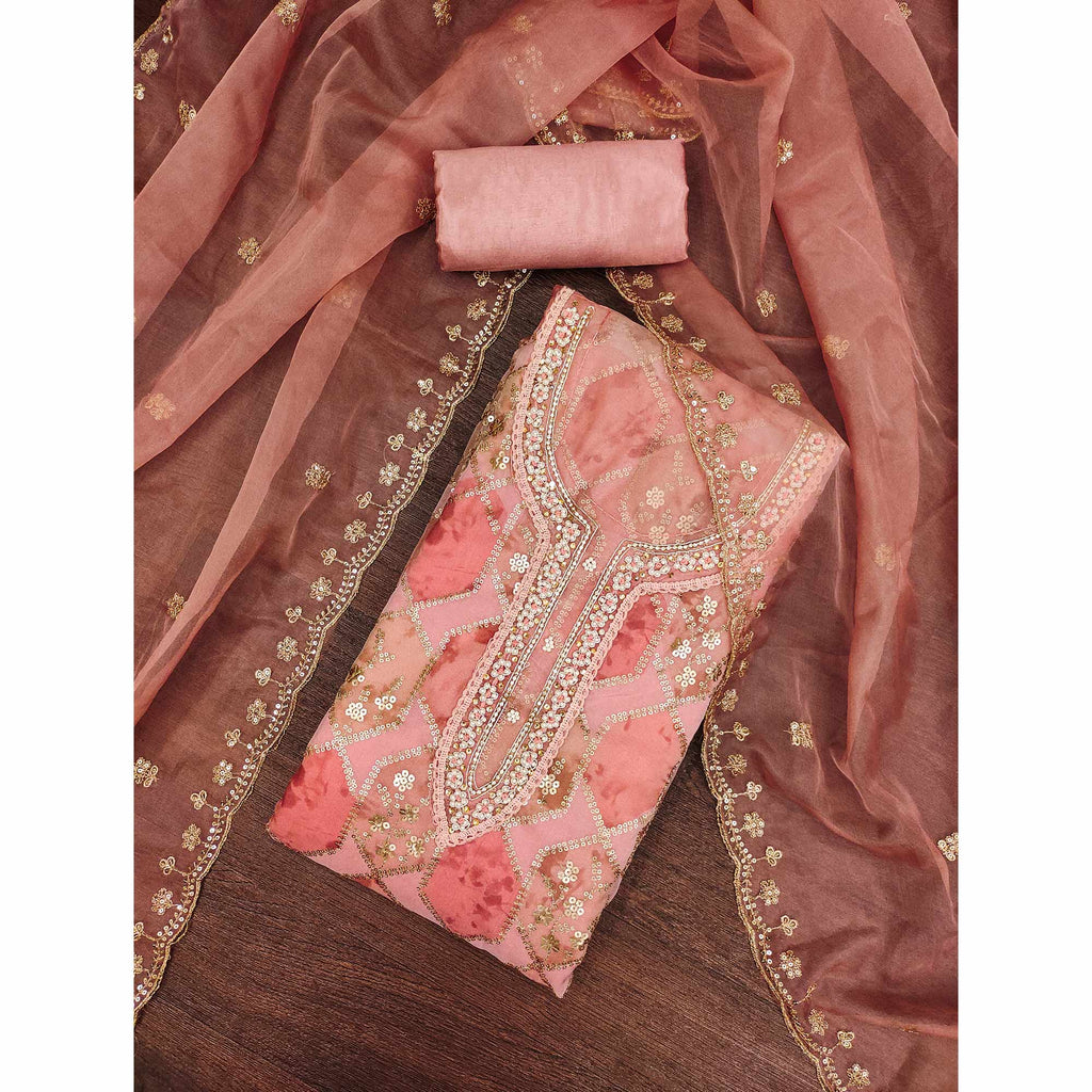 Peach Floral Sequins Embroidery With Handwork Organza Dress Material