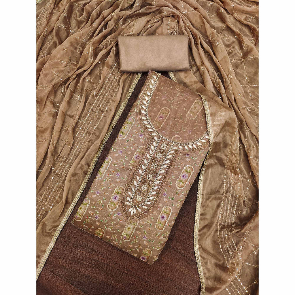 Chikoo Floral Sequins Embroidery With Handwork Organza Dress Material