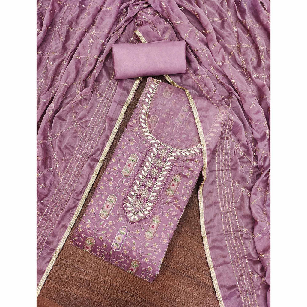 Mauve Floral Sequins Embroidery With Handwork Organza Dress Material