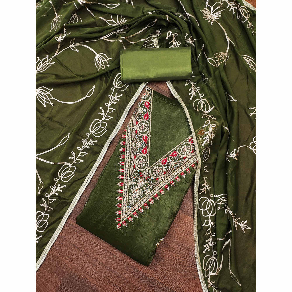 Green Sequins Embroidery With Handwork Viscose Golden Crush Dress Material