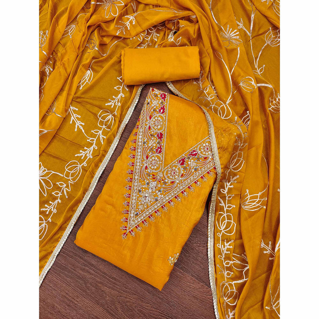 Mustard Sequins Embroidery With Handwork Viscose Golden Crush Dress Material