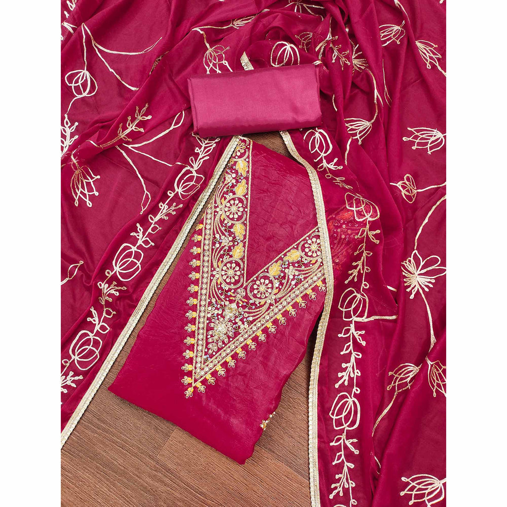 Pink Sequins Embroidery With Handwork Viscose Golden Crush Dress Material