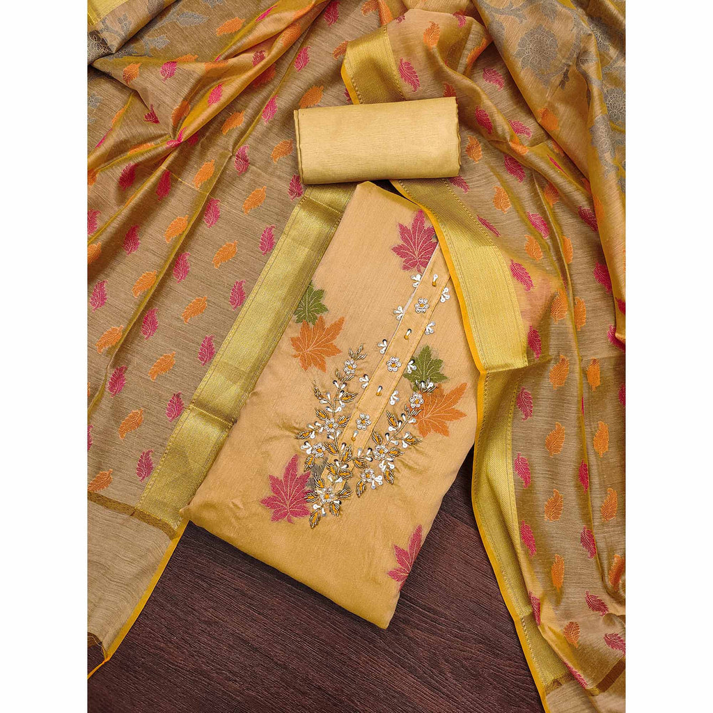 Chikoo Floral Woven With Handwork Banarasi Silk Dress Material