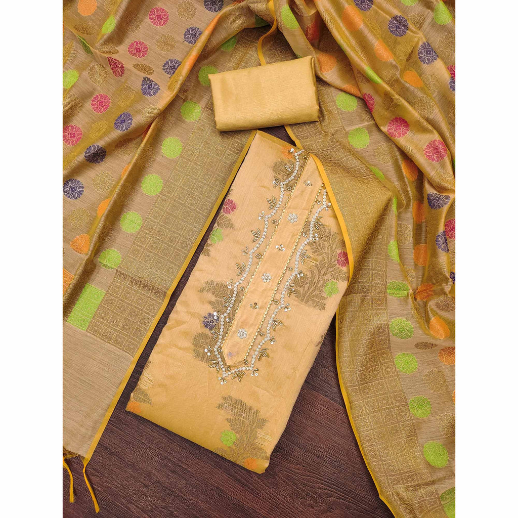 Chikoo Floral Woven With Handwork Banarasi Silk Dress Material