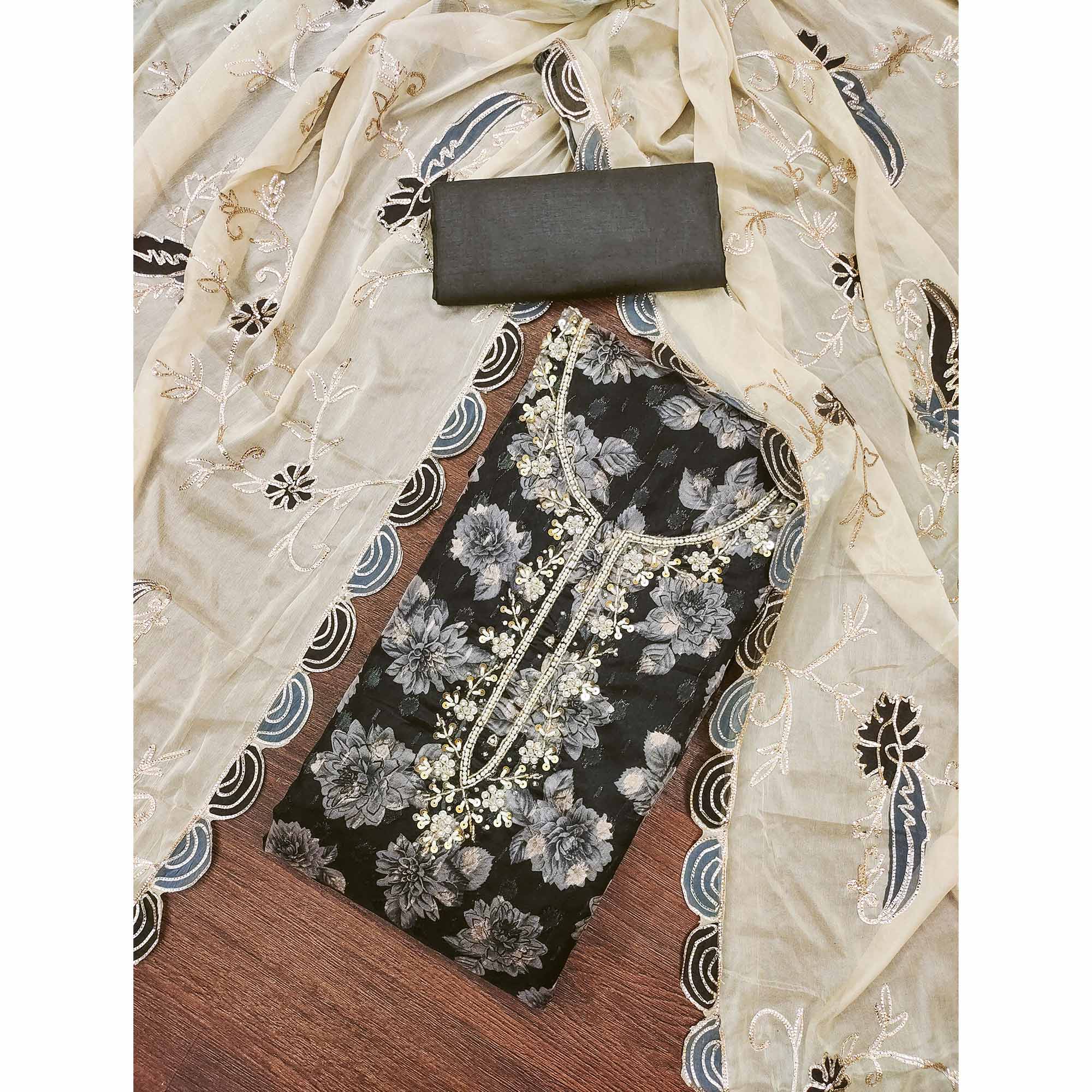 Black Floral Printed With Handwork Viscose Banarasi Dress Material