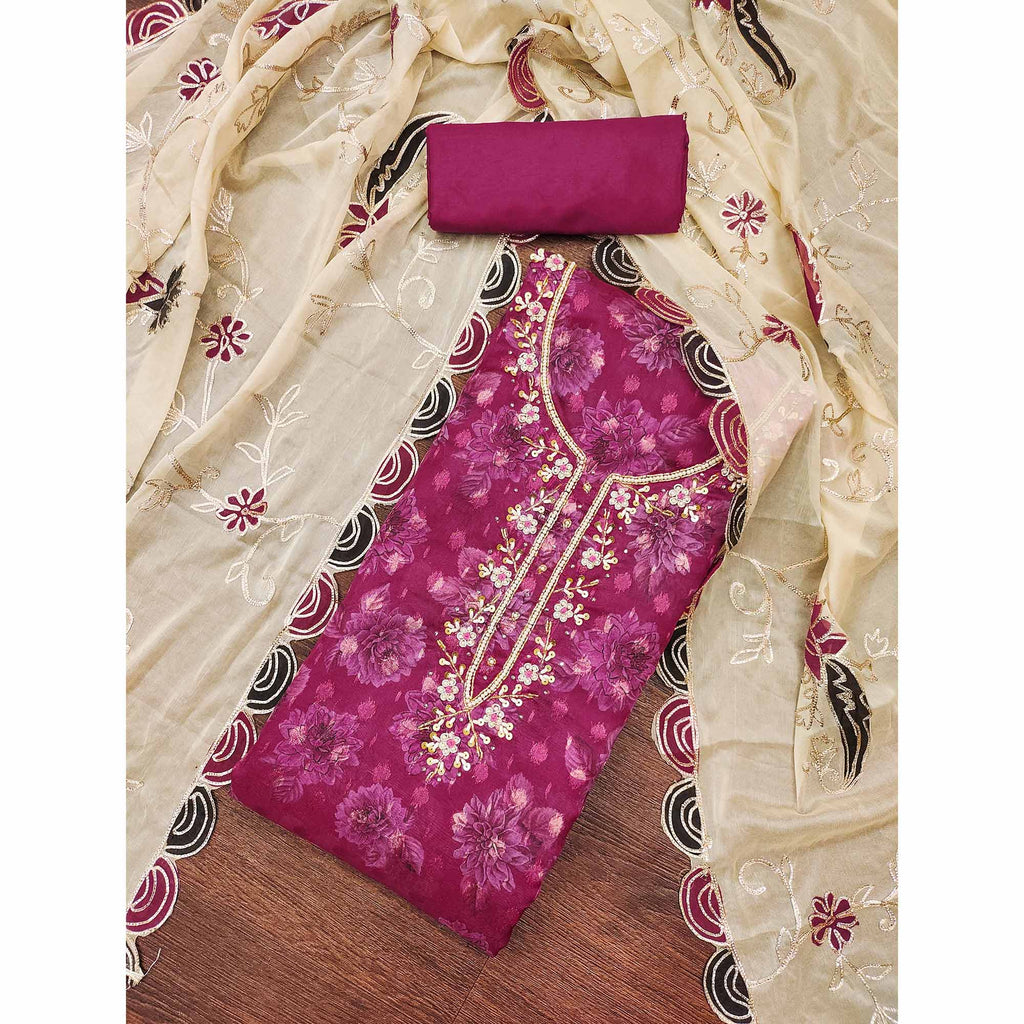 Dark Magenta Floral Printed With Handwork Viscose Banarasi Dress Material