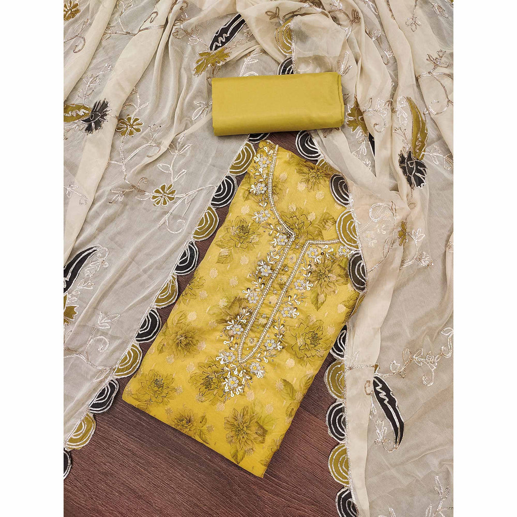 Mustard Floral Printed With Handwork Viscose Banarasi Dress Material