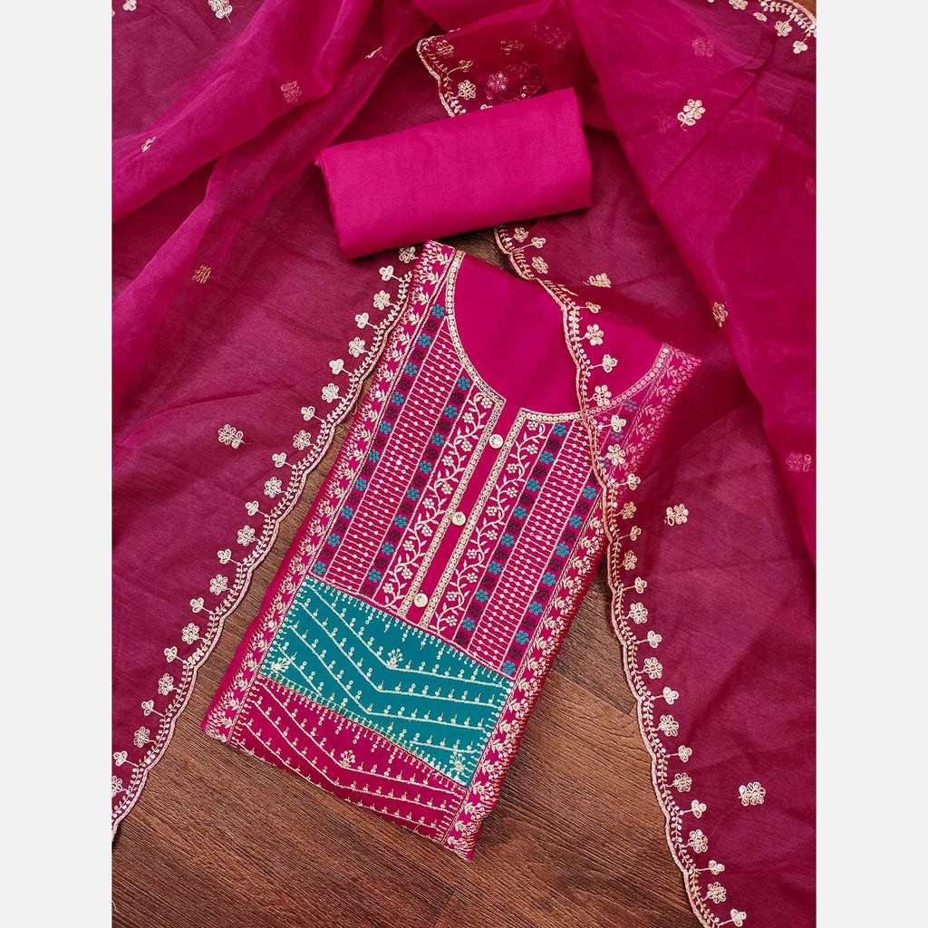 Pink Floral Sequins Embroidered Roman Cotton Silk Dress Material