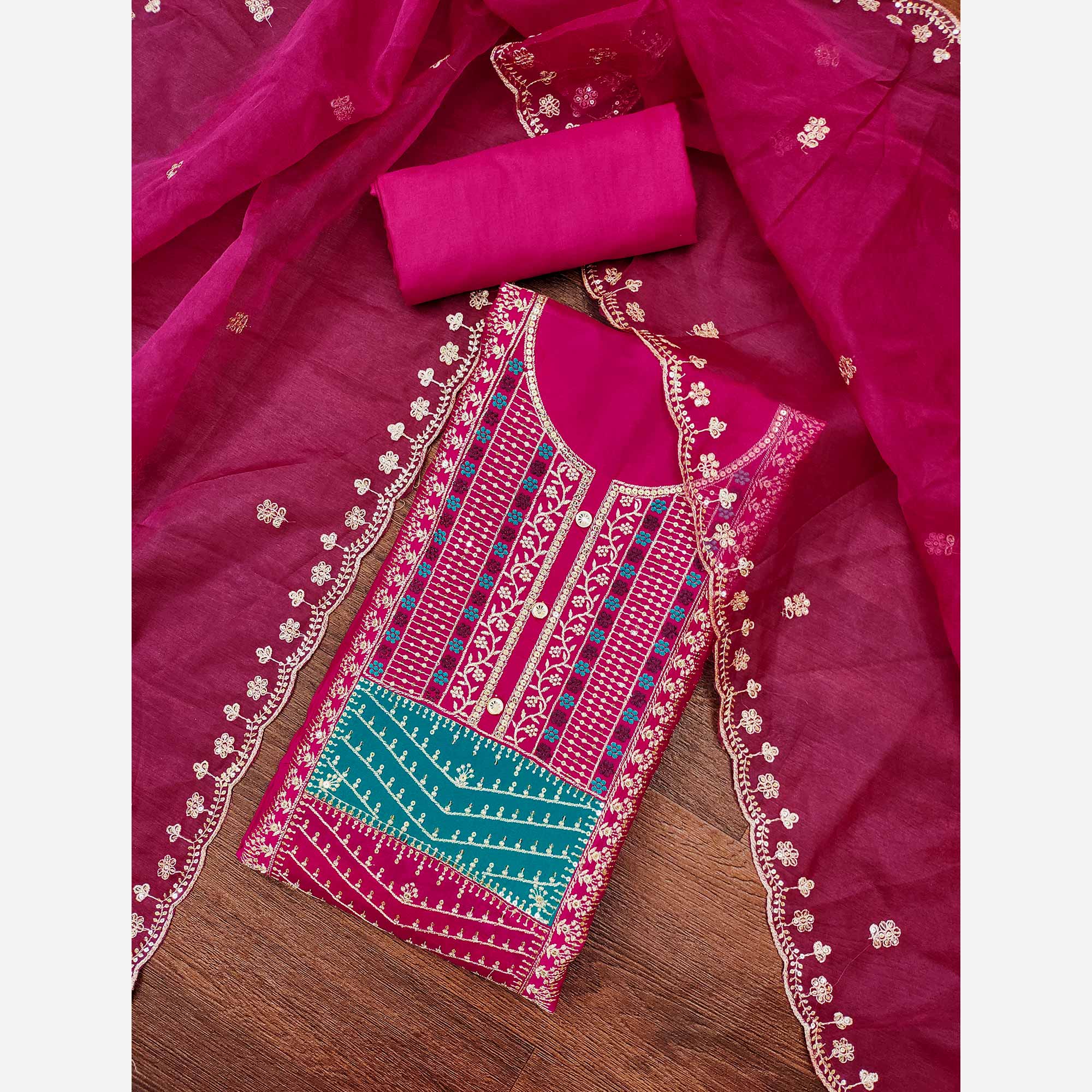 Pink Floral Sequins Embroidered Roman Cotton Silk Dress Material