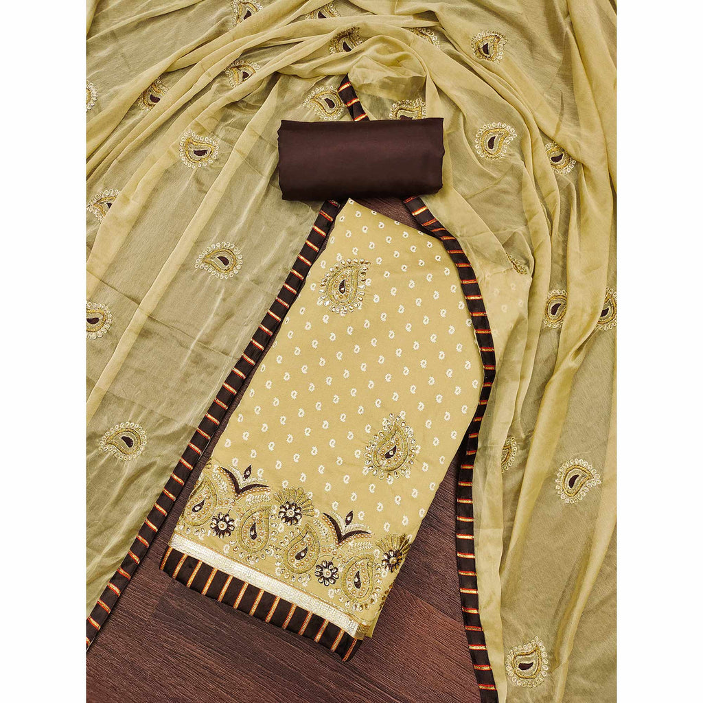 Beige Zari Embroidery With Handwork Roman Cotton Silk Dress Material