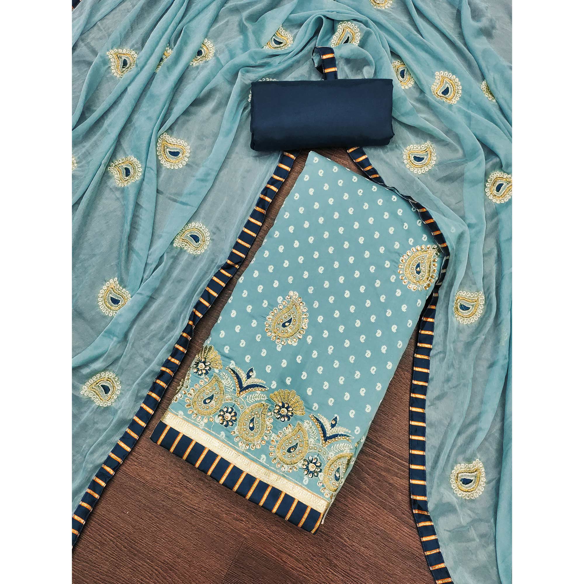 Blue Zari Embroidery With Handwork Roman Cotton Silk Dress Material