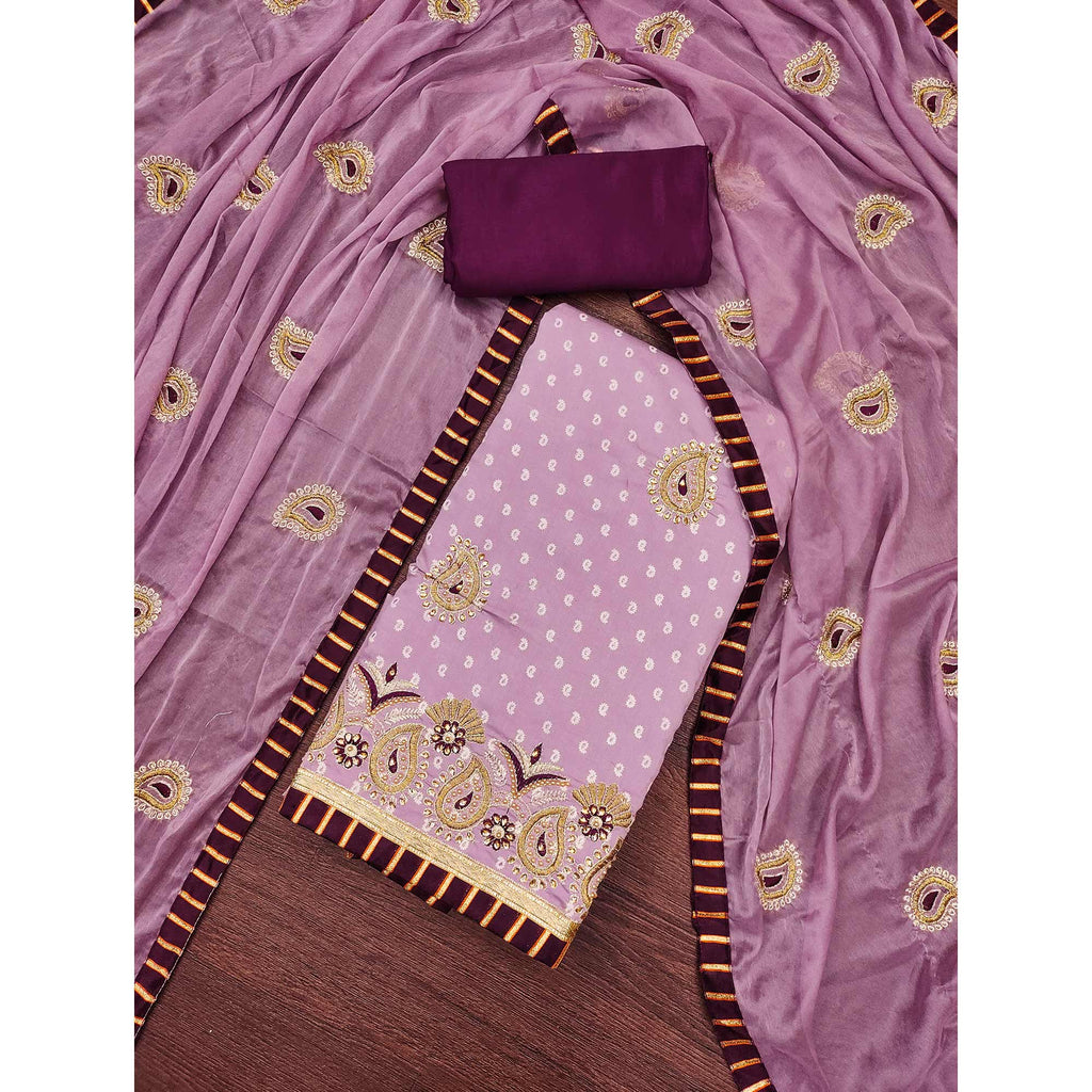 Light Purple Zari Embroidery With Handwork Roman Cotton Silk Dress Material