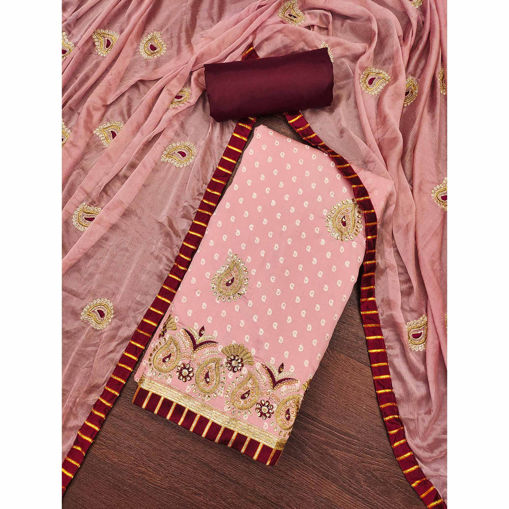 Peach Zari Embroidery With Handwork Roman Cotton Silk Dress Material