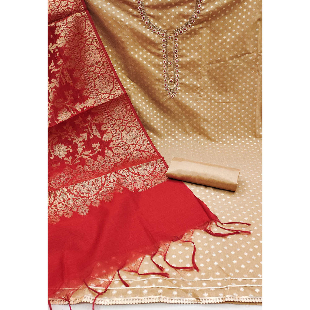 Beige Floral Woven With Handwork Banarasi Silk Jacquard Dress Material