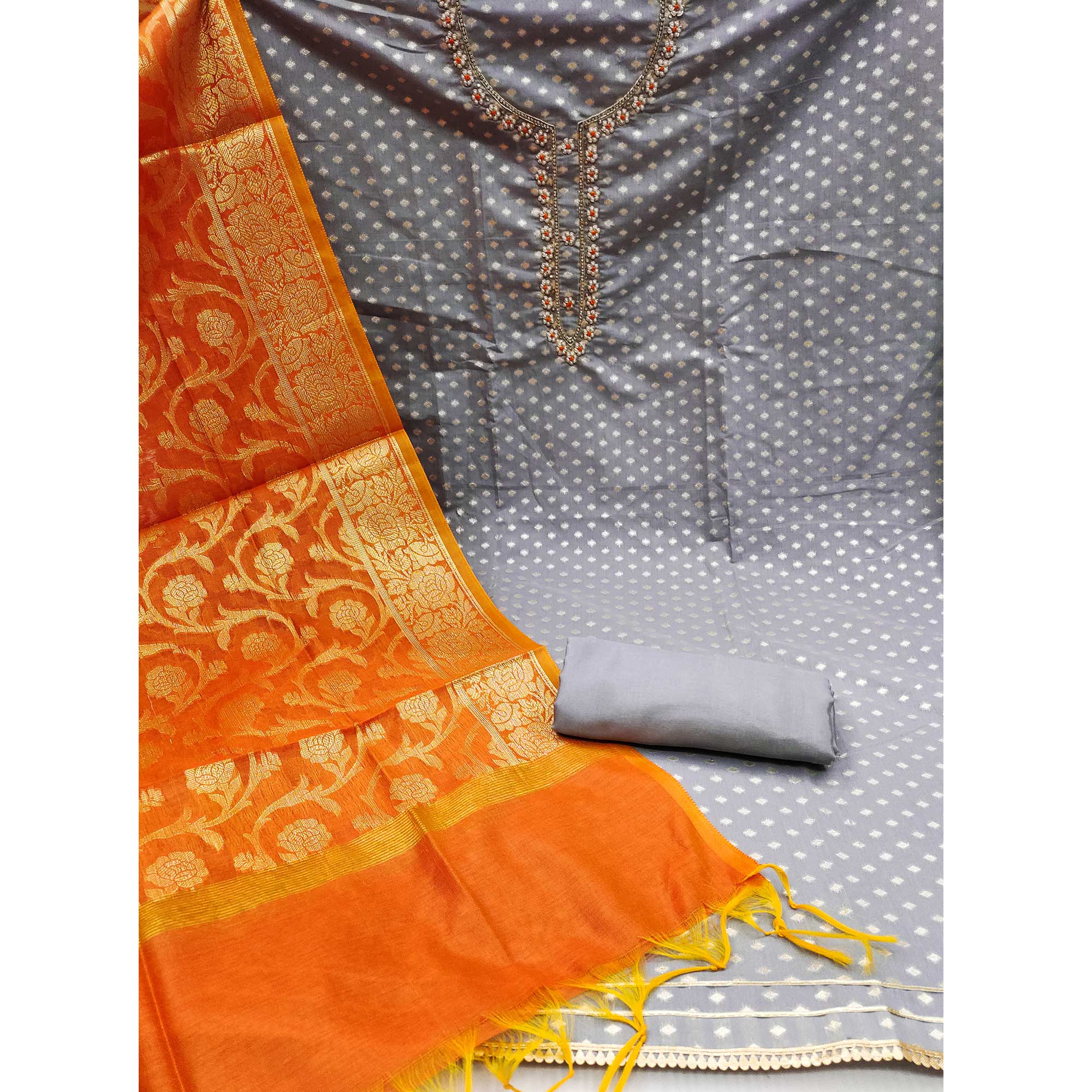 Grey Floral Woven With Handwork Banarasi Silk Jacquard Dress Material