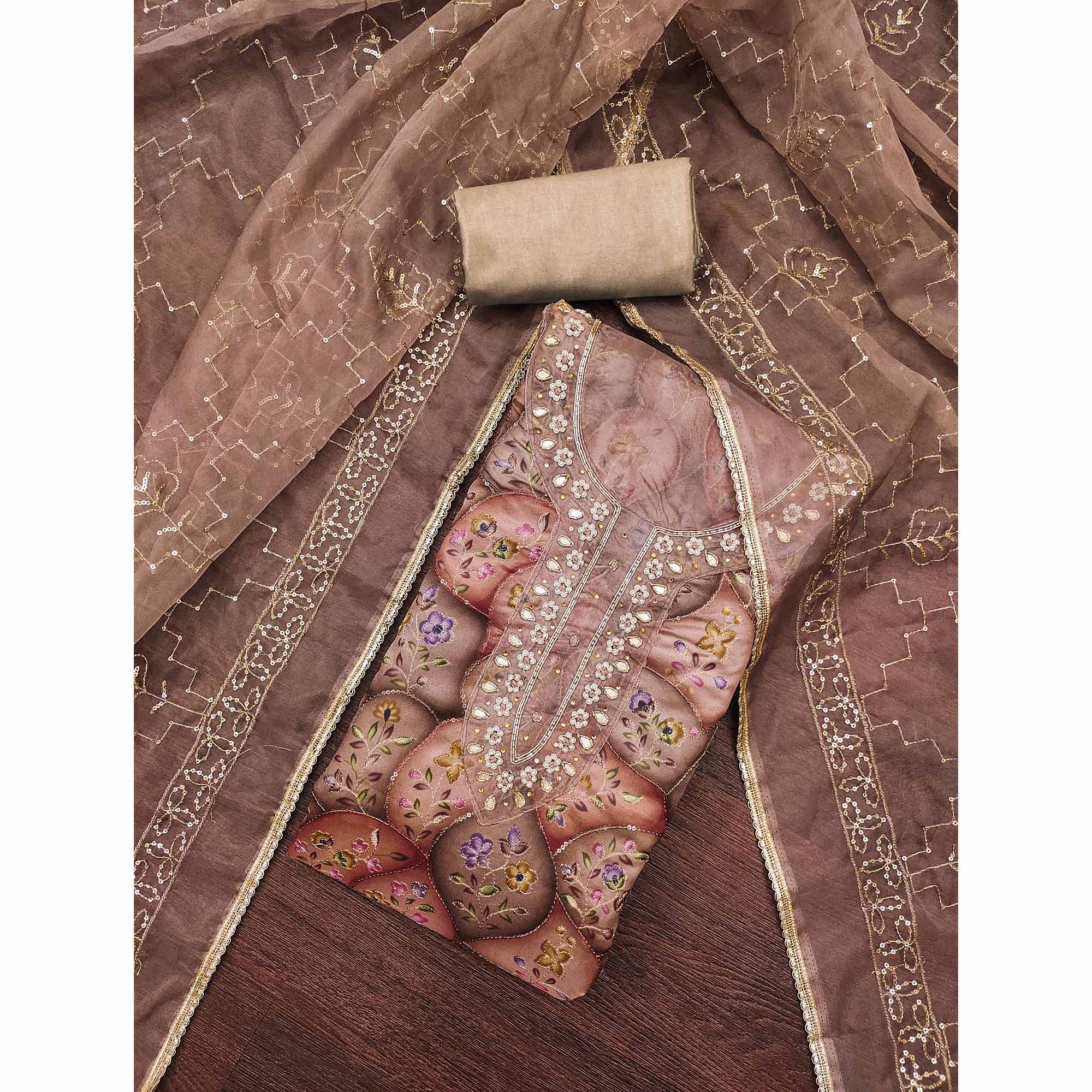 Dark Brown Floral Sequins Embroidery With Handwork Organza Dress Material