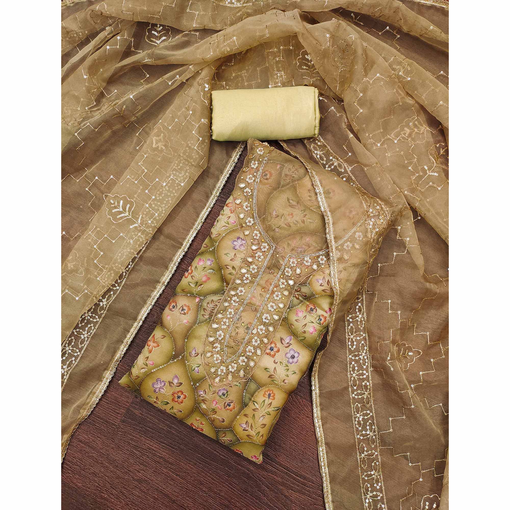 Green Floral Sequins Embroidery With Handwork Organza Dress Material