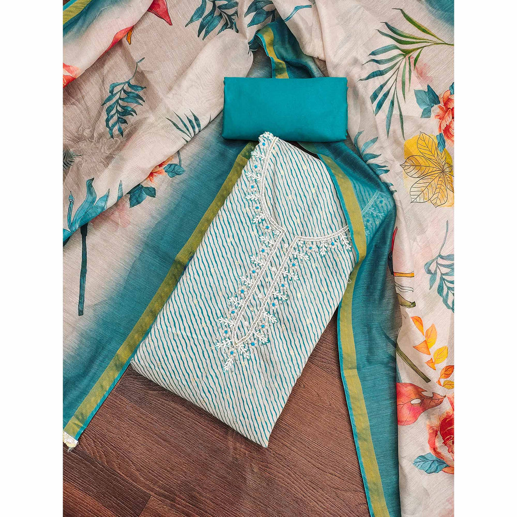 Blue Digital Printed With Handwork Modal Chanderi Silk Dress Material