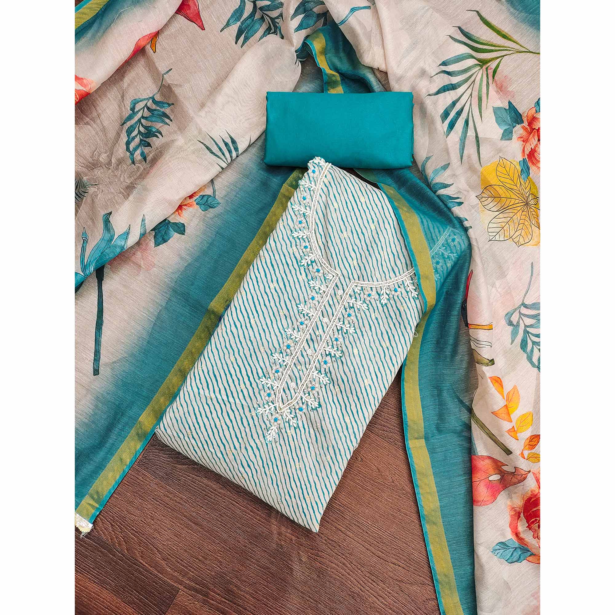 Blue Digital Printed With Handwork Modal Chanderi Silk Dress Material