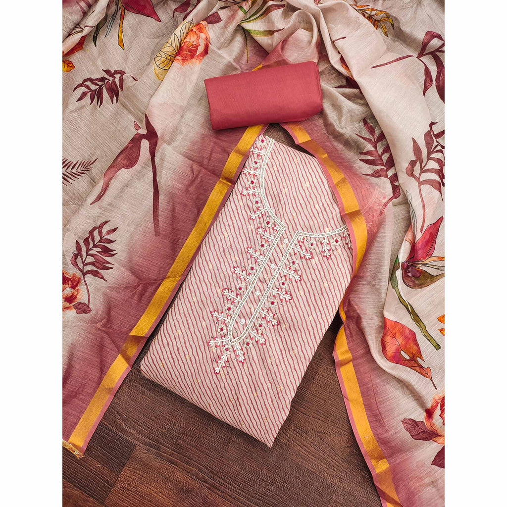 Dark Peach Digital Printed With Handwork Modal Chanderi Silk Dress Material