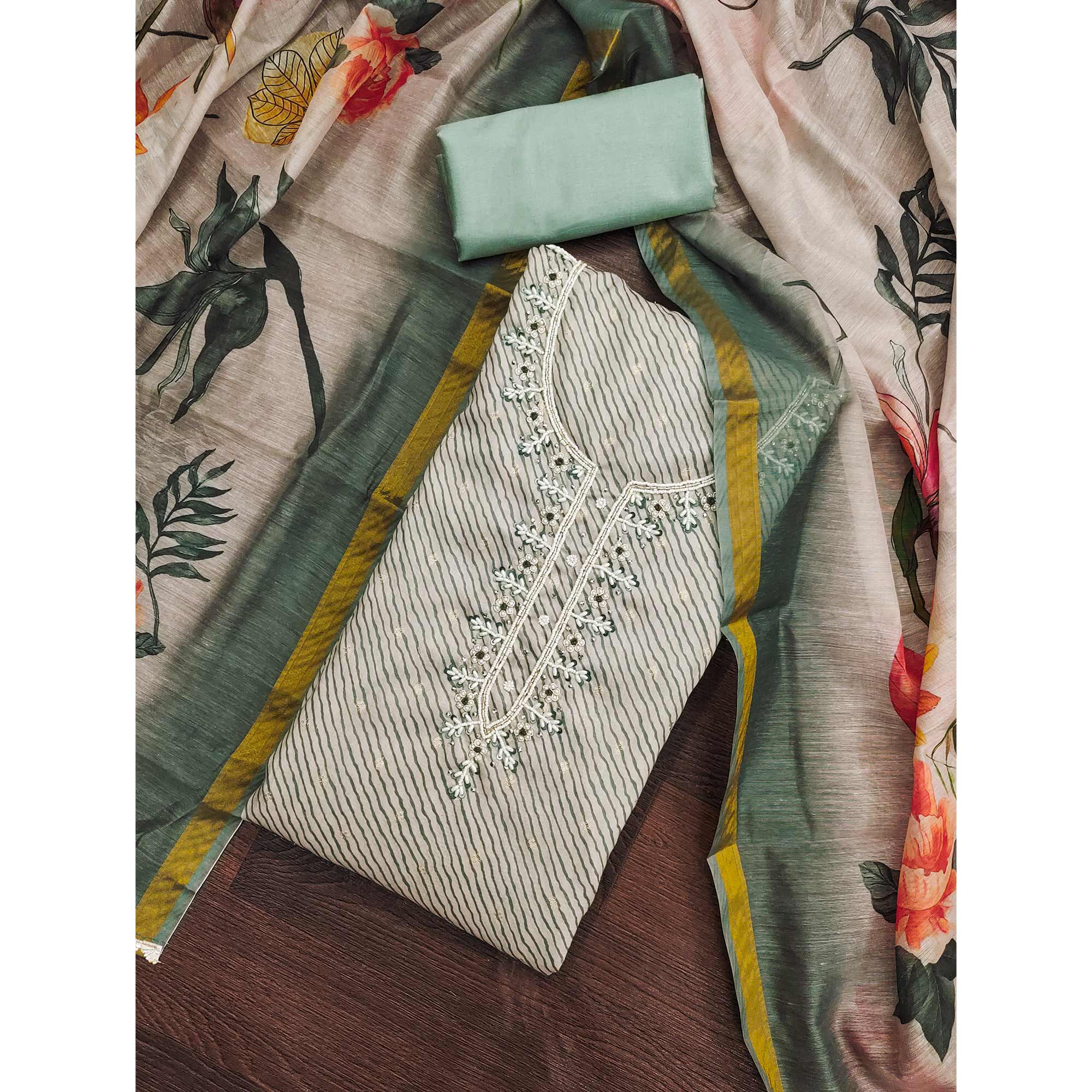 Dusty Green Digital Printed With Handwork Modal Chanderi Silk Dress Material