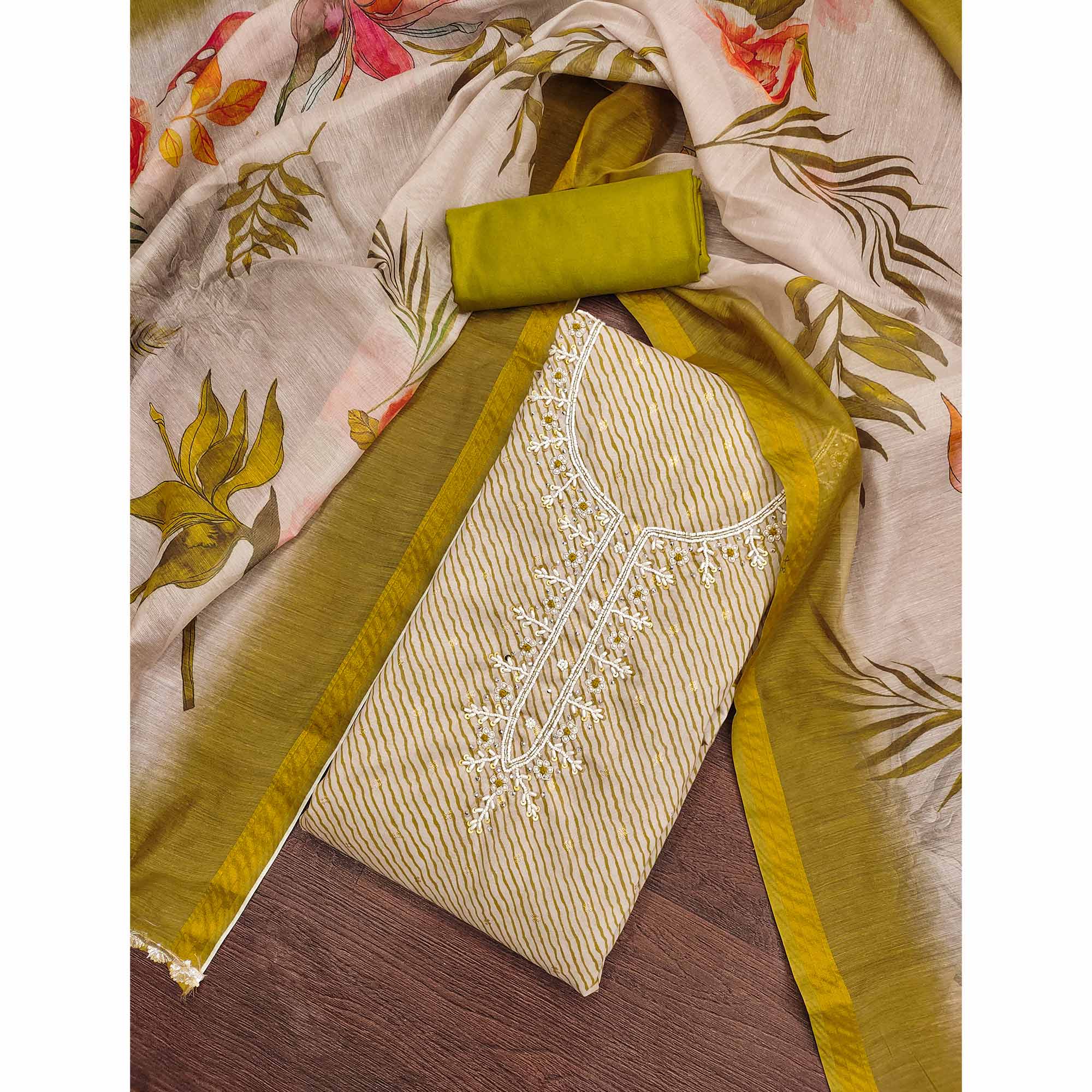 Olive Digital Printed With Handwork Modal Chanderi Silk Dress Material