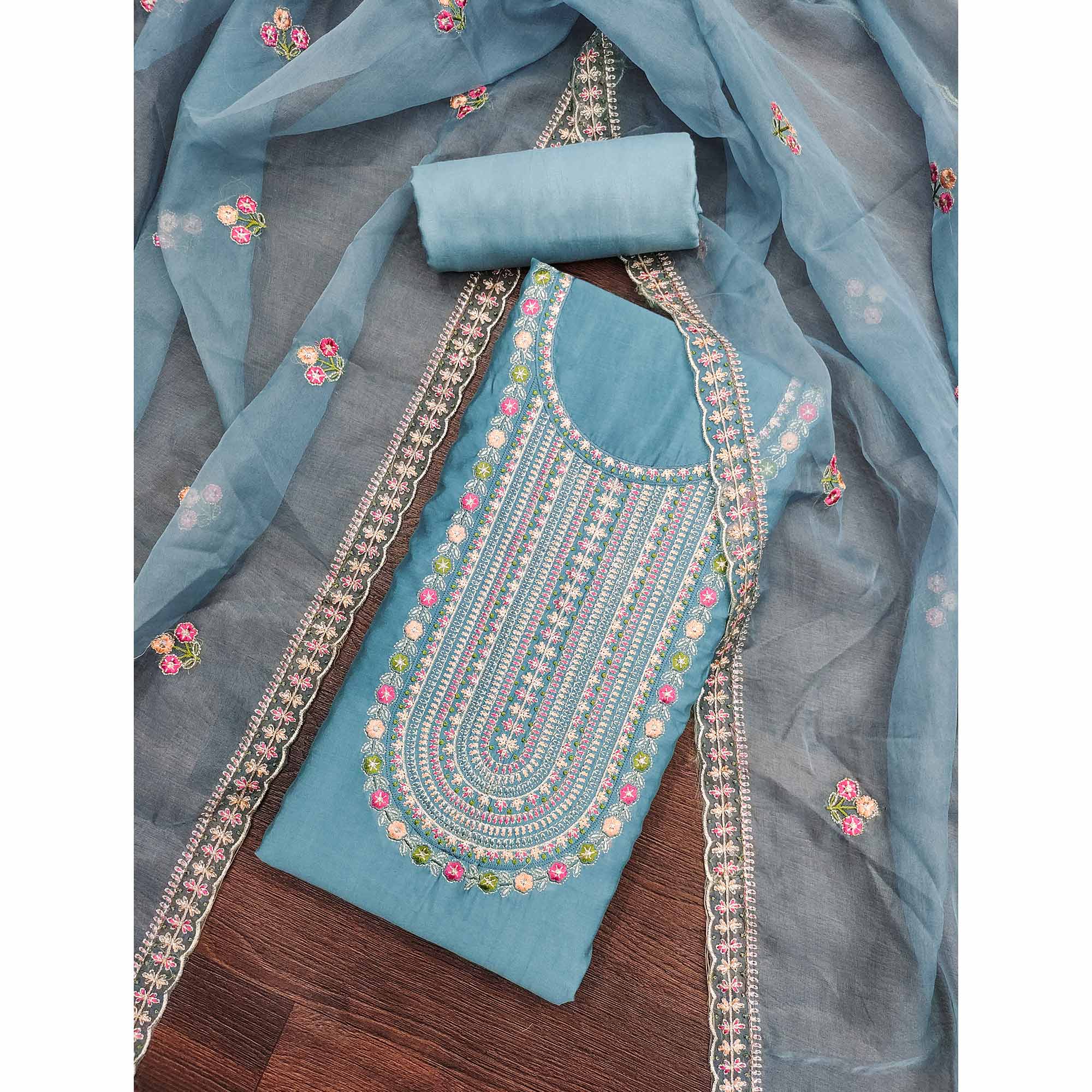 Blue Floral Embroidered Roman Cotton Silk Dress Material