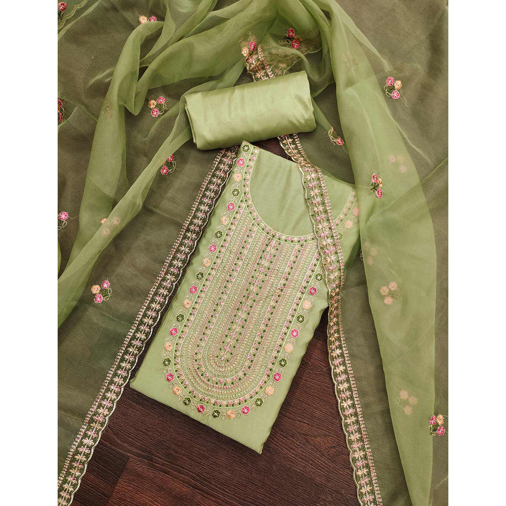 Green Floral Embroidered Roman Cotton Silk Dress Material