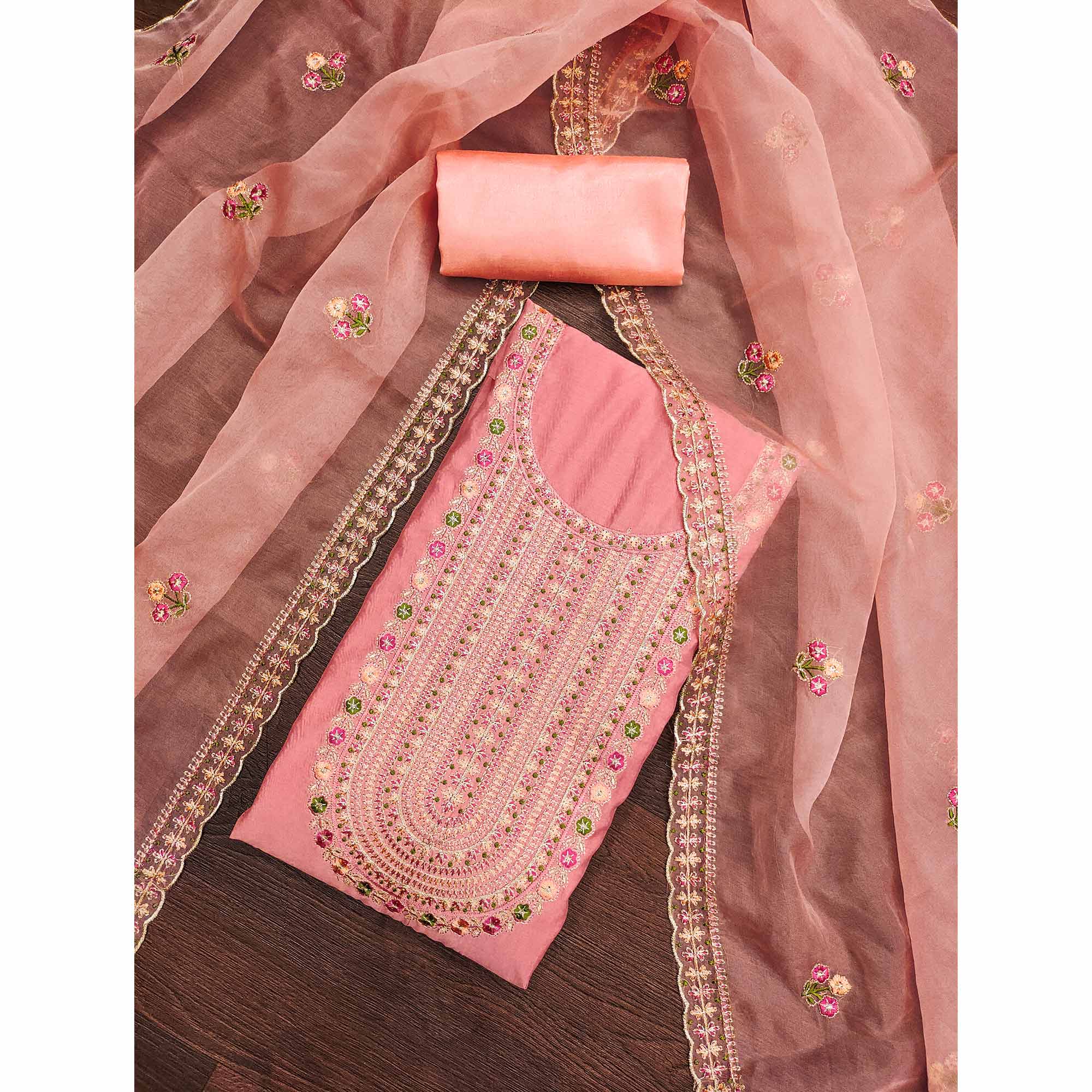 Peach Floral Embroidered Roman Cotton Silk Dress Material