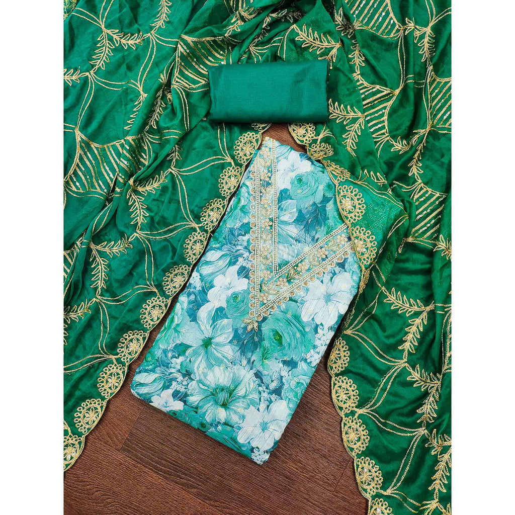 Green Digital Printed With Handwork Viscose Banarasi Dress Material