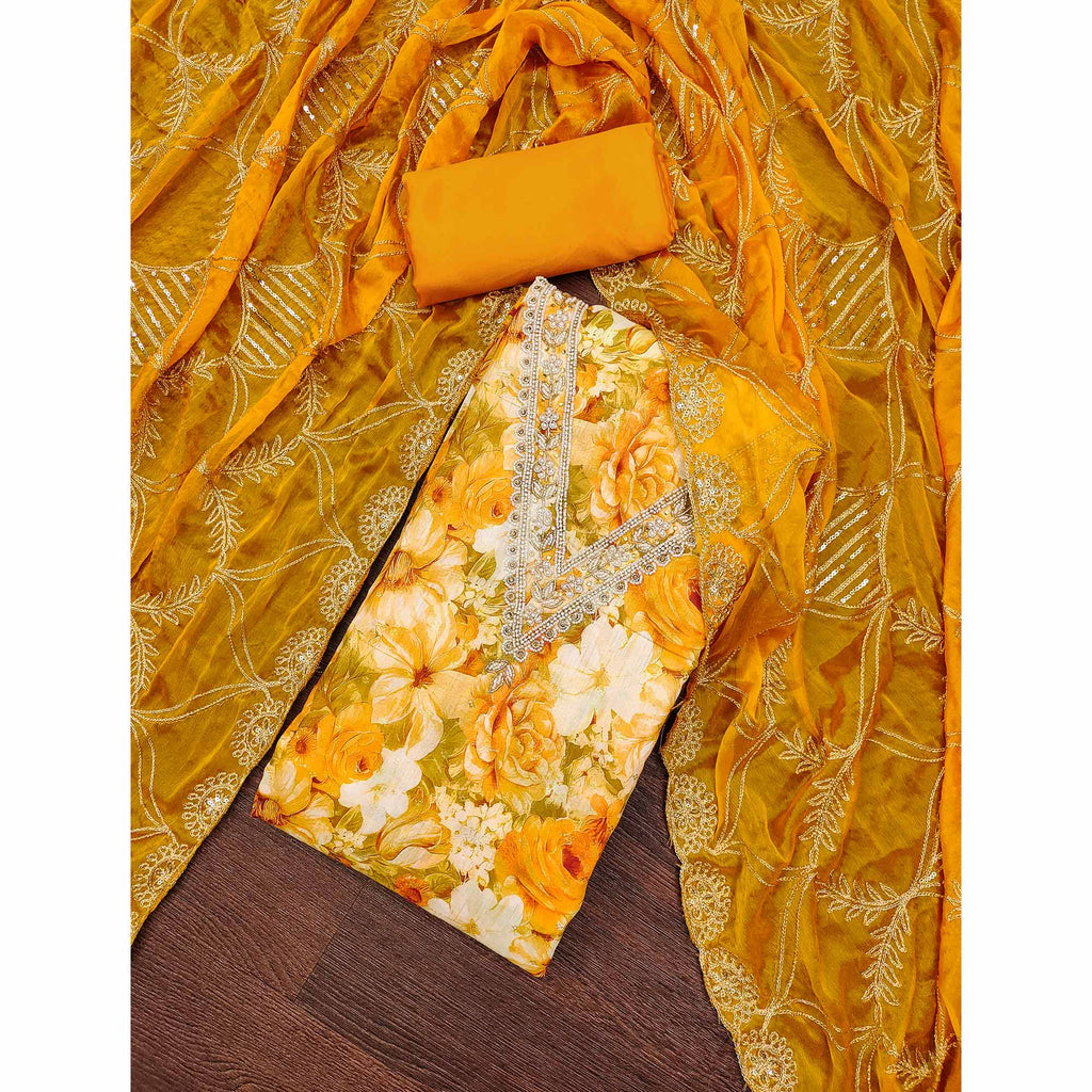 Mustard Digital Printed With Handwork Viscose Banarasi Dress Material