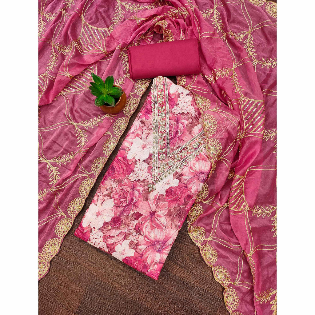Pink Digital Printed With Handwork Viscose Banarasi Dress Material