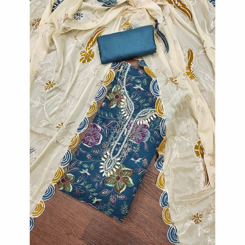 Blue Sequins Embroidery With Handwork Organza Dress Material