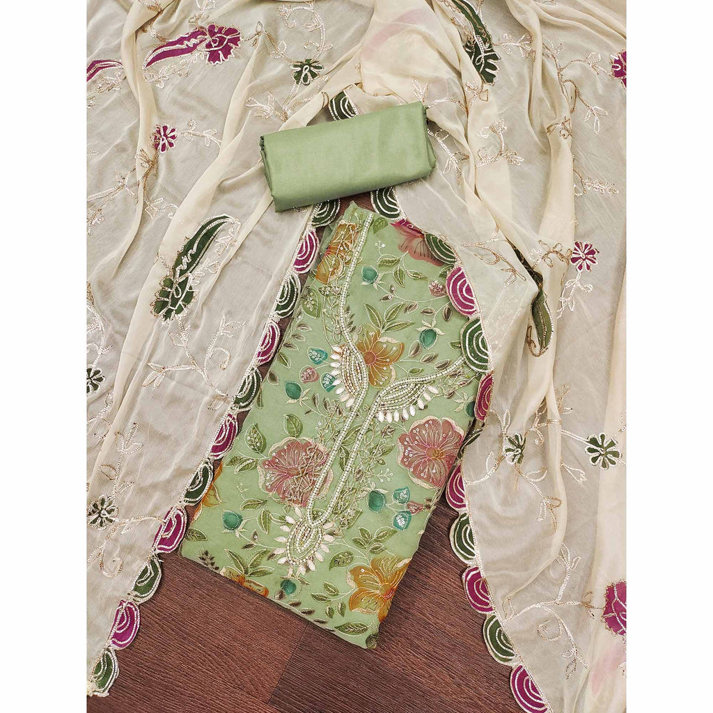 Green Sequins Embroidery With Handwork Organza Dress Material