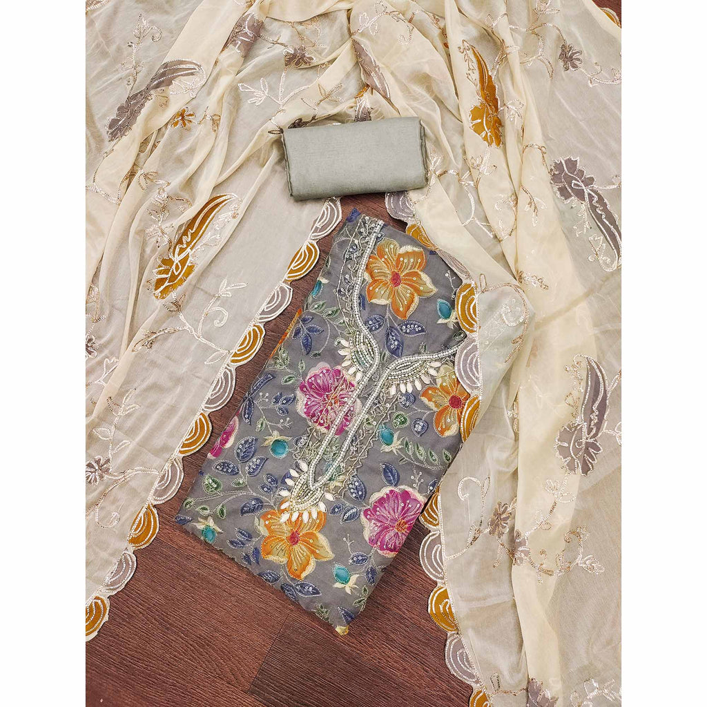 Grey Sequins Embroidery With Handwork Organza Dress Material