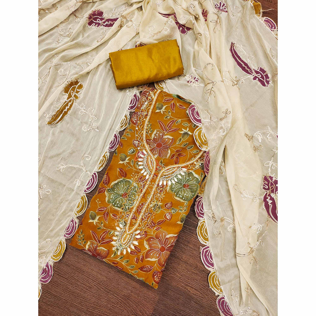 Mustard Sequins Embroidery With Handwork Organza Dress Material