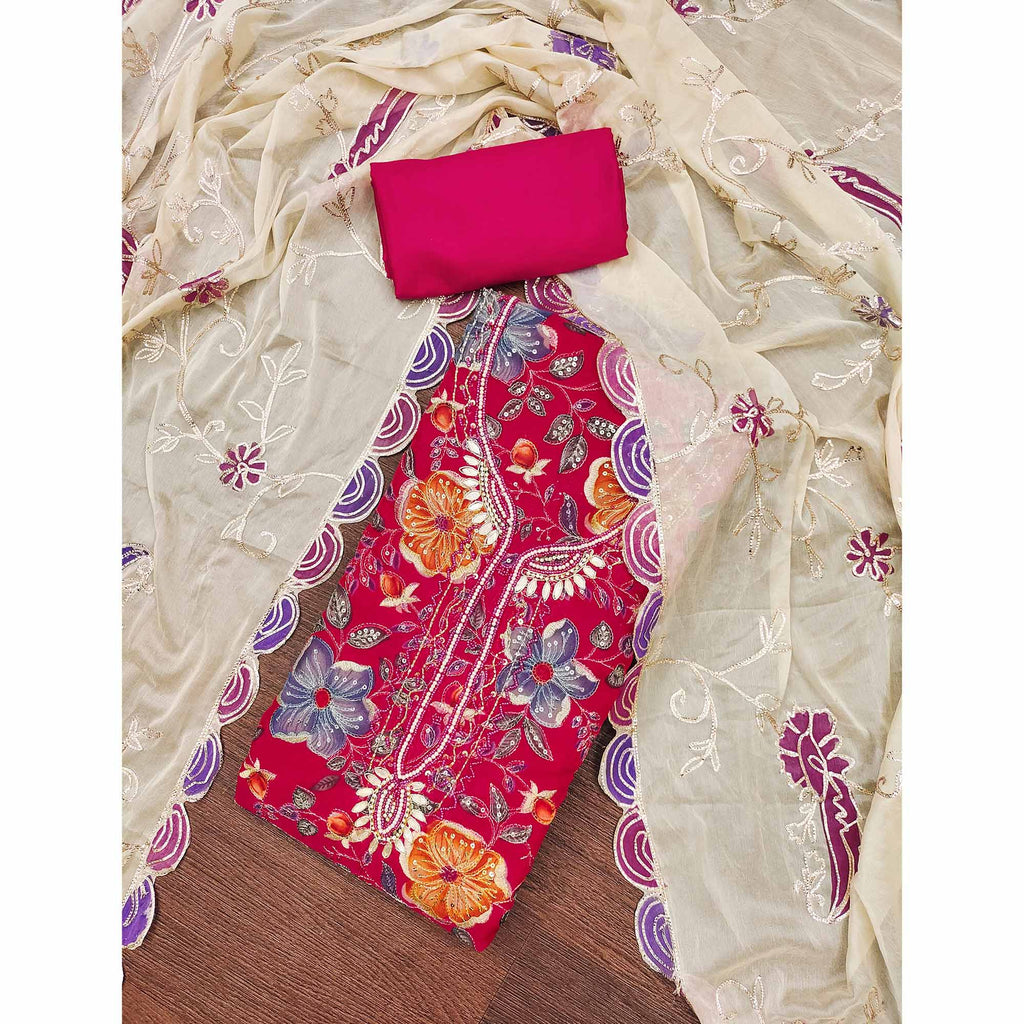 Pink Sequins Embroidery With Handwork Organza Dress Material