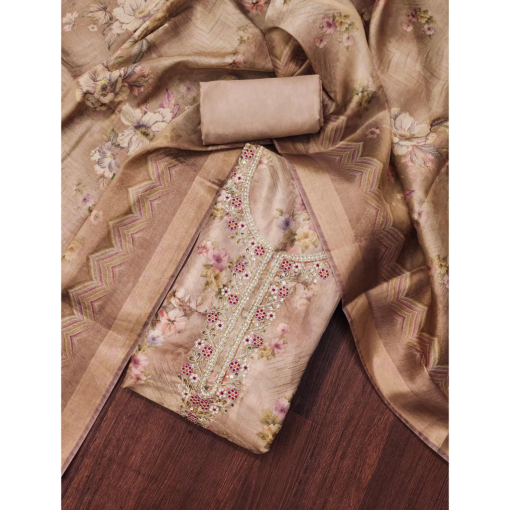 Brown Floral Digital Printed With Handwork Viscose Dress Material