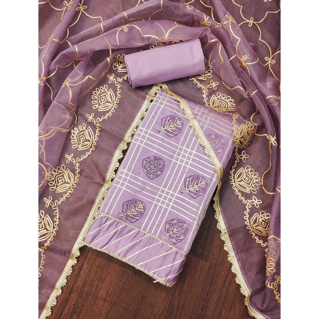 Lavender Printed With Gota Patti & Stonework Roman Cotton Silk Dress Material