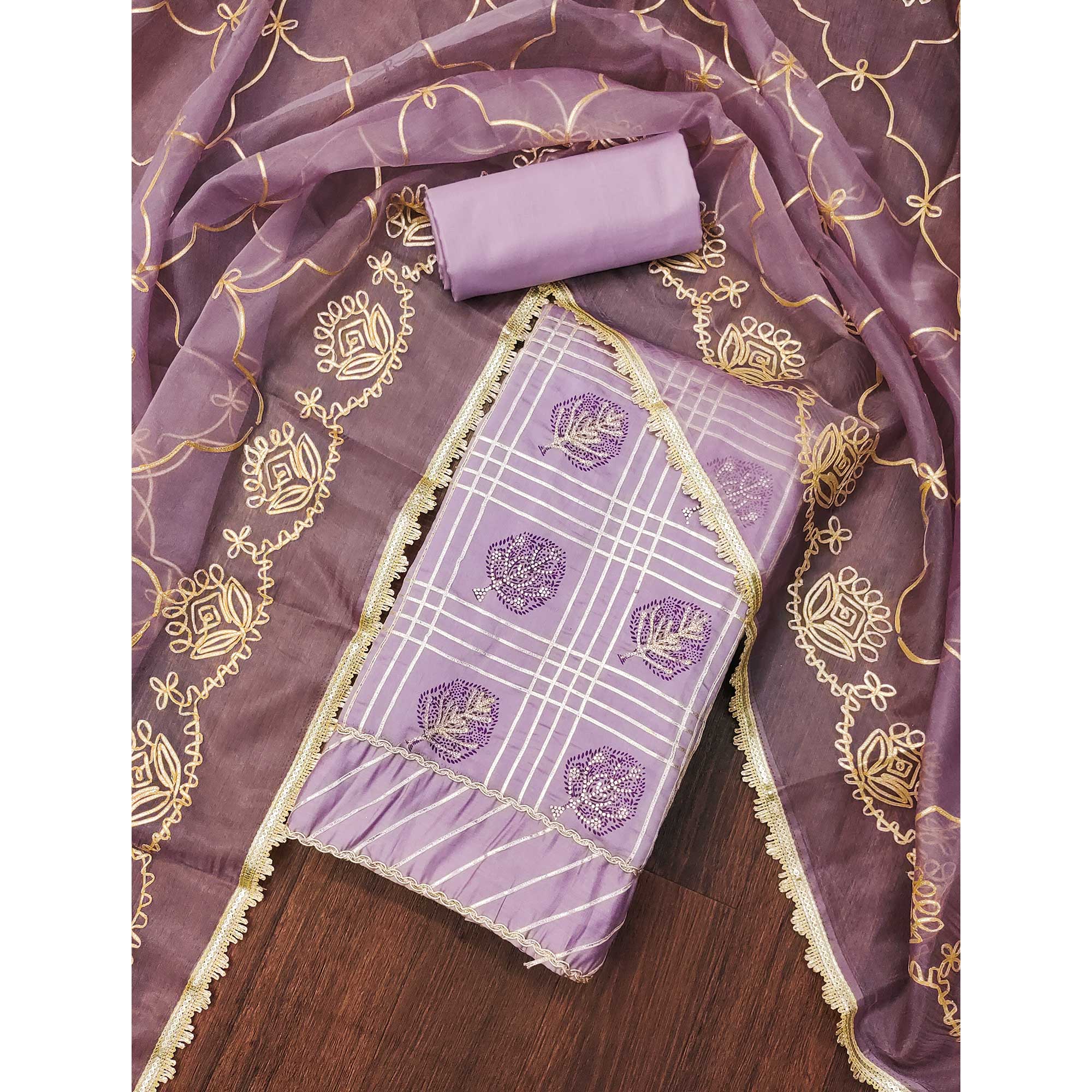 Lavender Printed With Gota Patti & Stonework Roman Cotton Silk Dress Material