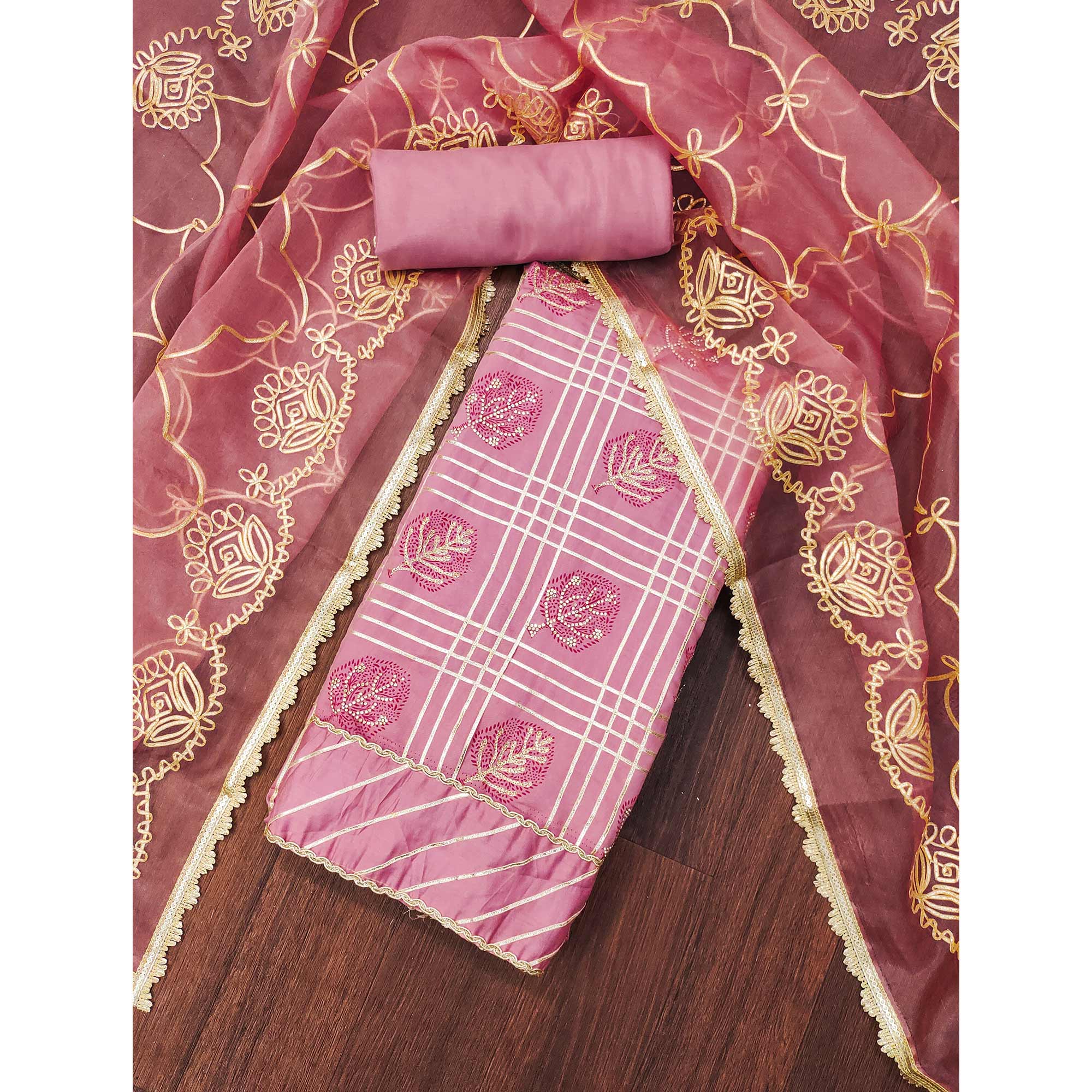 Pink Printed With Gota Patti & Stonework Roman Cotton Silk Dress Material