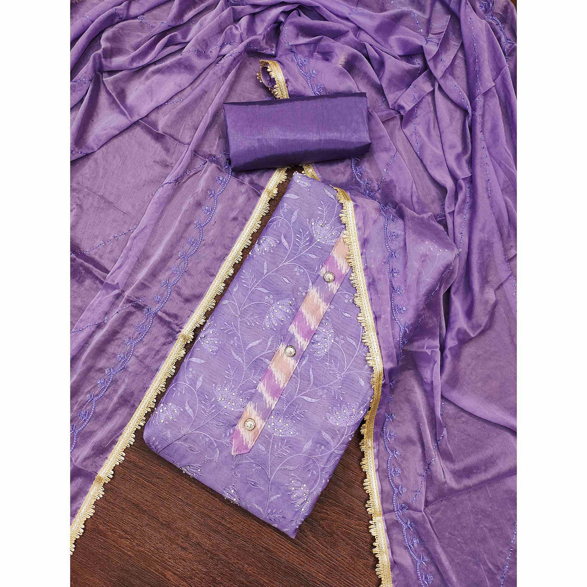 Lavender Floral Embroidery With Digital Printed Chanderi Silk Dress Material