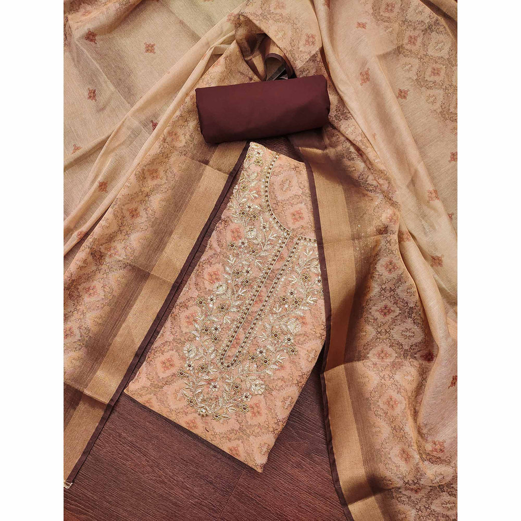 Light Peach Digital Printed With Hand Embroidered Cotton Silk Dress Material