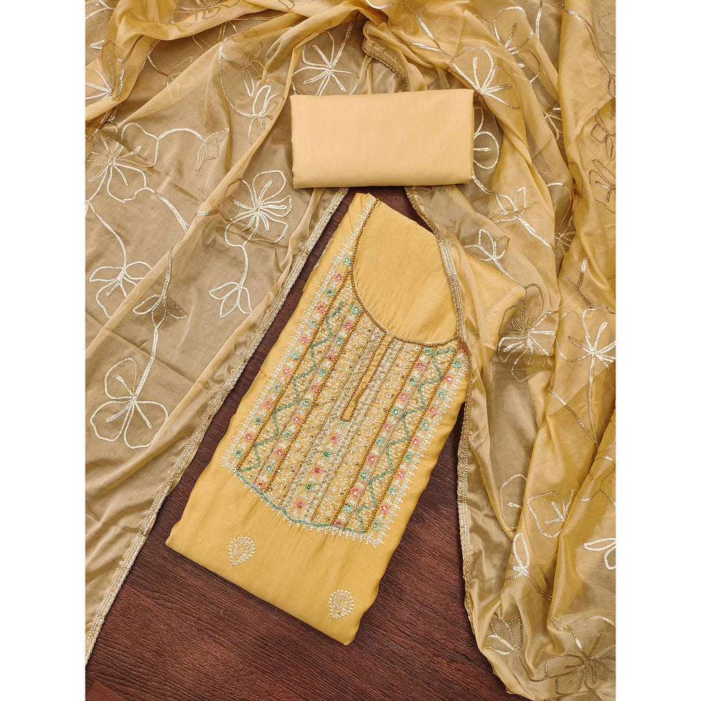 Chikoo Floral Sequins Embroidery With Handwork Cotton Silk Dress Material